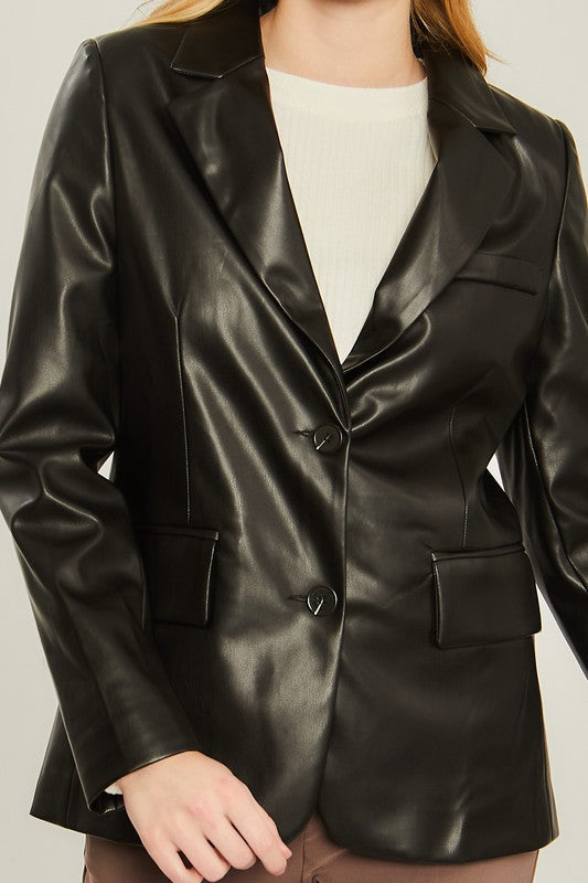 Vegan Leather Solid Blazer