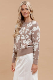 FLORAL DISTRESSED CREWNECK TERRY KNIT SWEATER