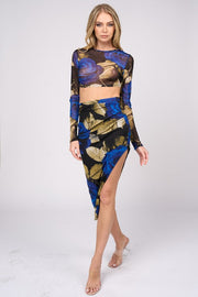 Romantic Floral Print Mesh Crop Top & Skirt Sets