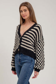 Stripe and Checkered Drop Shoulder Knit Cardigan