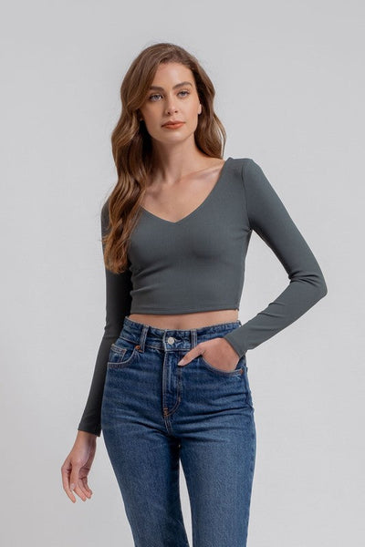 V Neck Long Sleeve Knit Crop Top