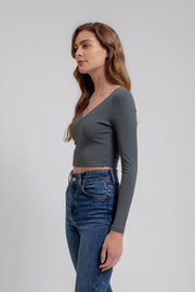 V Neck Long Sleeve Knit Crop Top